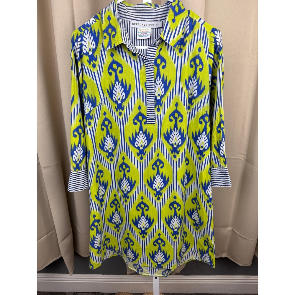 Gretchen Scott Tunic Top Blue Green Ikat Print Striped‎ Cuffs Size S